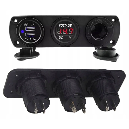 Panel gniazdo zapalniczki 12V + 2x USB + woltomierz wodoodporne PLS37